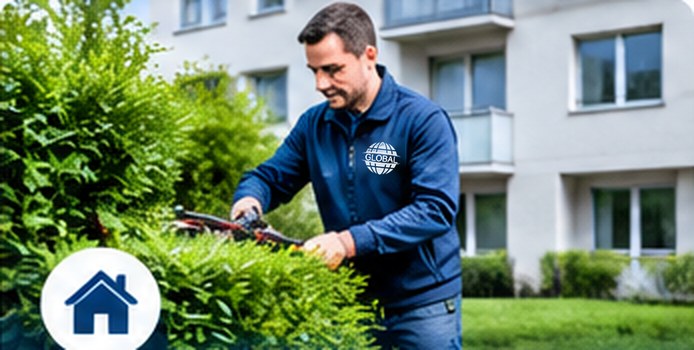 Hauswart schneidet eine Hecke